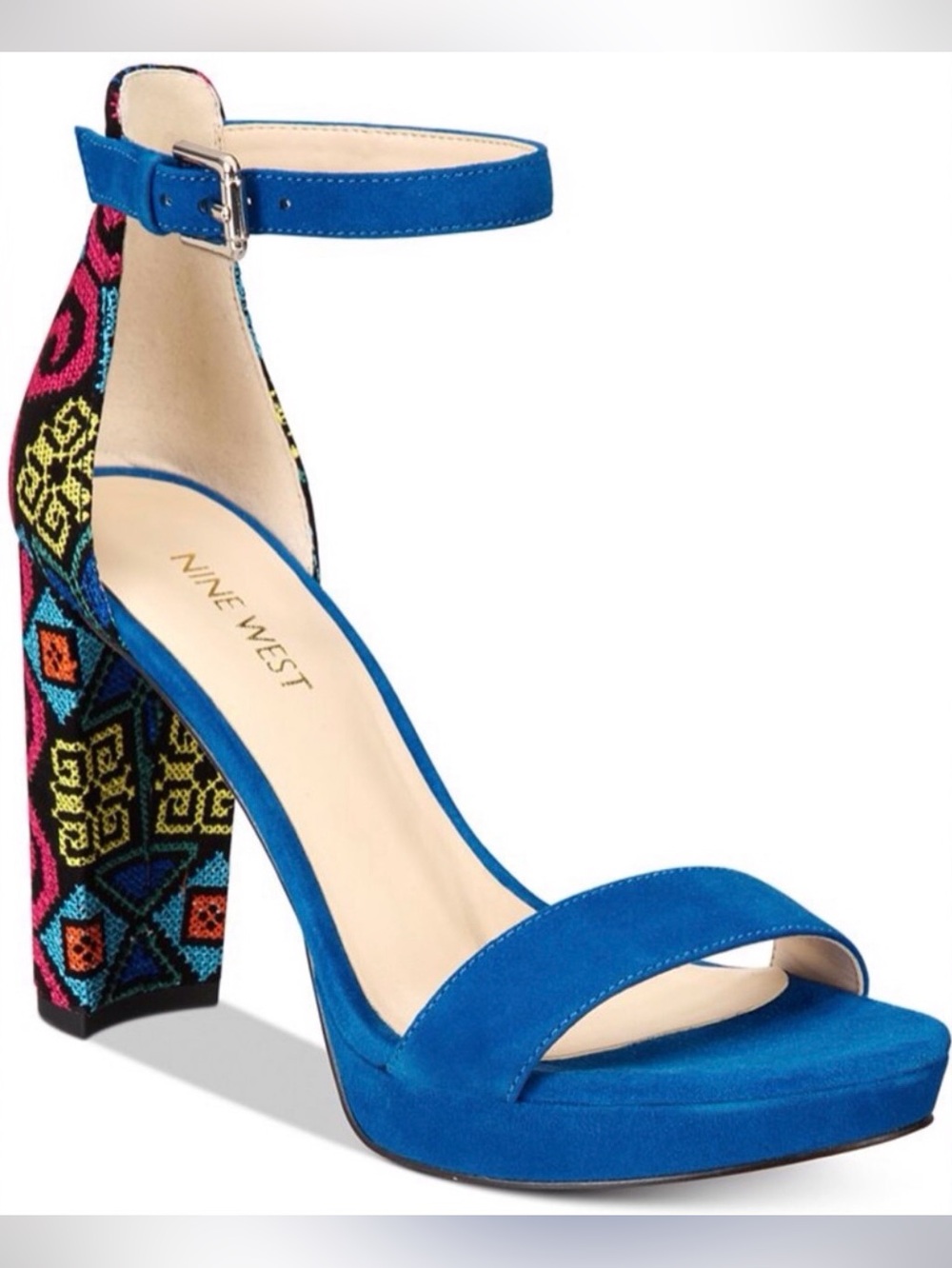 Nine West Blue Suede Ankle Strap Heels with Multicolor Beaded Block Heel